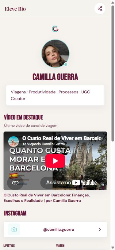 Captura da página real de Camilla Guerra no Eleve Bio